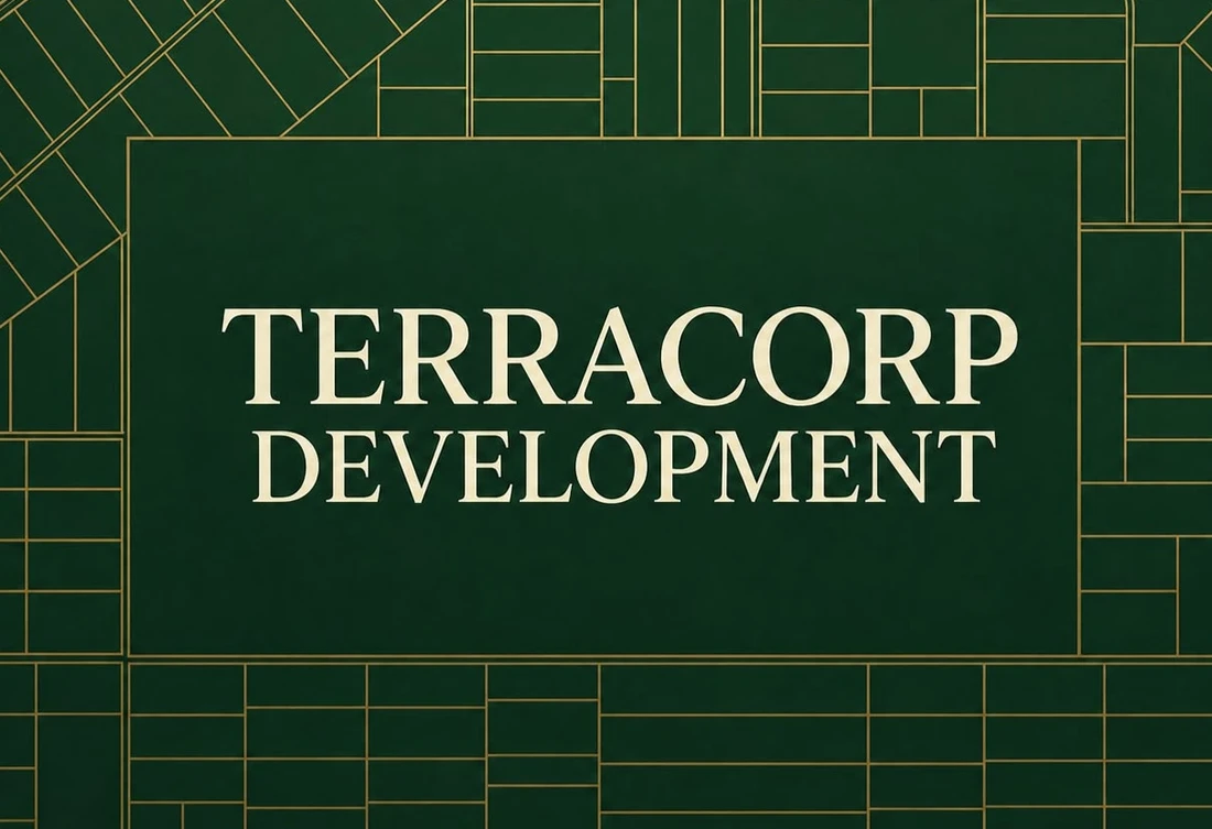 Développement Terracorp inc. — motif cadastral doré, les lignes représentant les lots comme sur une carte municipale