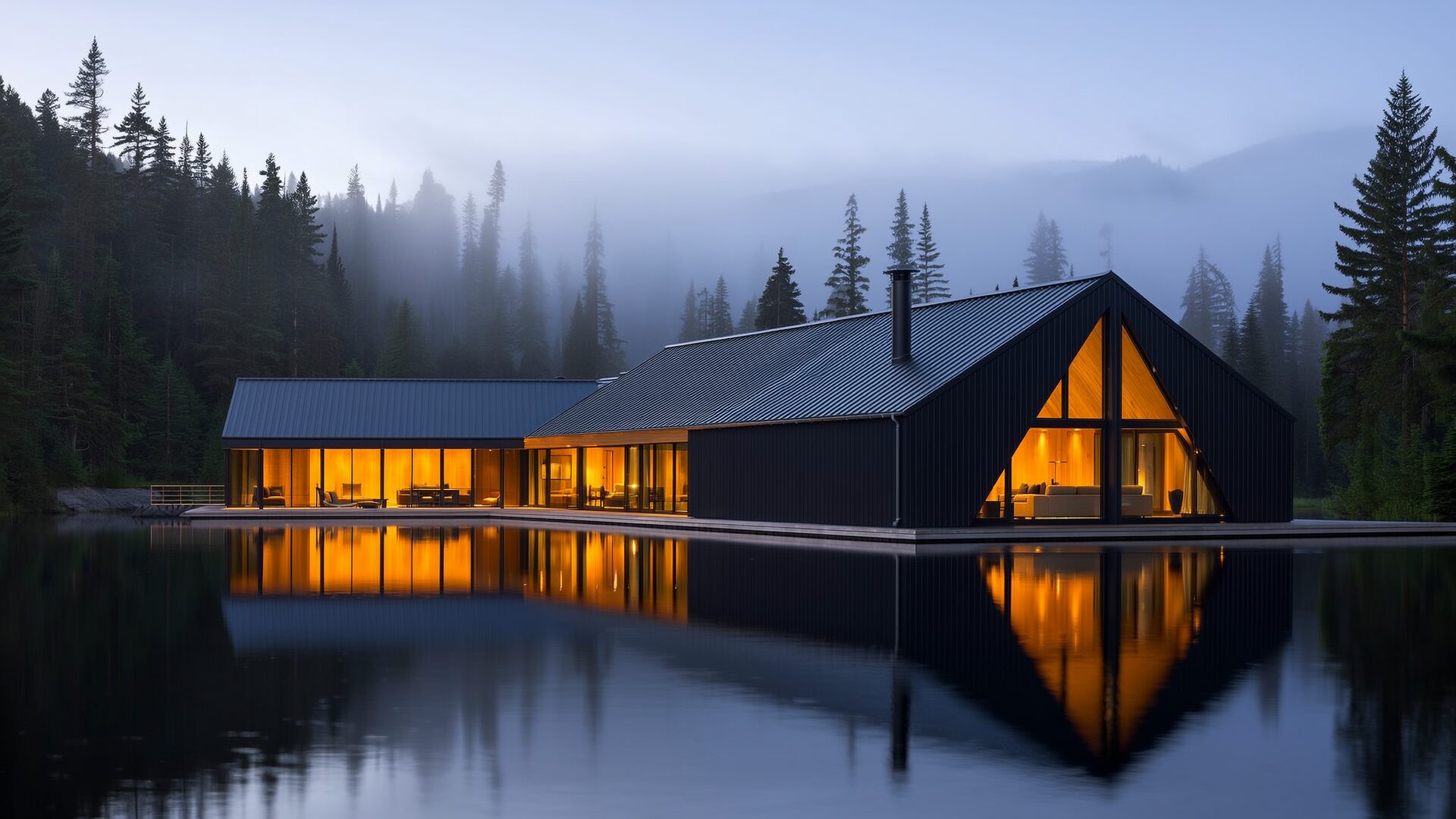 Résidence contemporaine au bord d'un lac brumeux au Québec